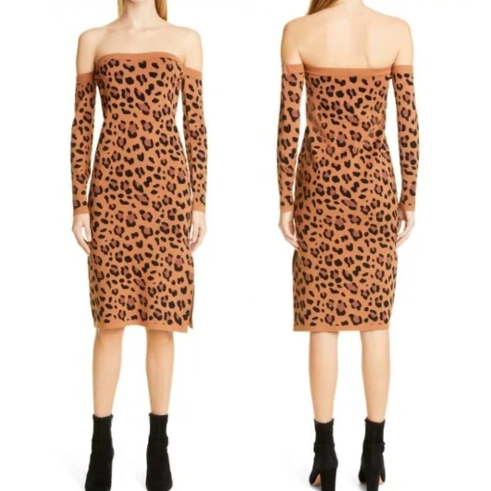 NWT L’AGENCE Felicia Off Shoulder Long Sleeve Sweater Dress Brown & Black Sz S